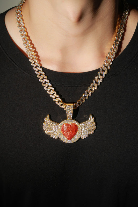 Iced Red Heart Wing Pendant